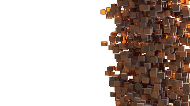 Storm of orange cubes falling from sky. Abstract and 3D concept. Isometric Geometry theme. Creative idea for modern design