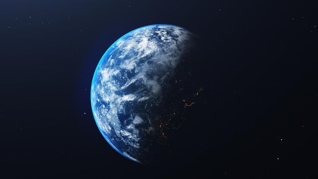 Earth in space view with shining sunrise in universe and galaxy background. Nature  and World environment concept. Science and globe. Fantasy sky atmosphere. 3D illustration render
