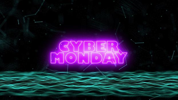 3D Cyber Monday abstract blue blurred geometry wireframe network and connecting node in space on black background. Security of futuristics computer and science concept. Technology concept