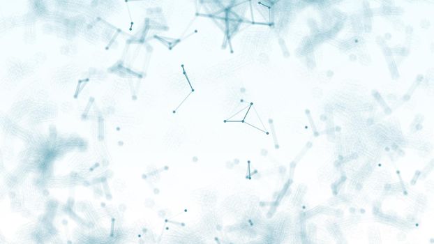 3D Abstract blue blurred geometry wireframe network and connecting dot in space on white background. Futuristics computer and medical science concept. Abstract technology graphic design illustration.