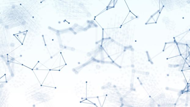 3D Abstract blue blurred geometry wireframe network and connecting dot in space on white background. Futuristics computer and medical science concept. Abstract technology graphic design illustration.