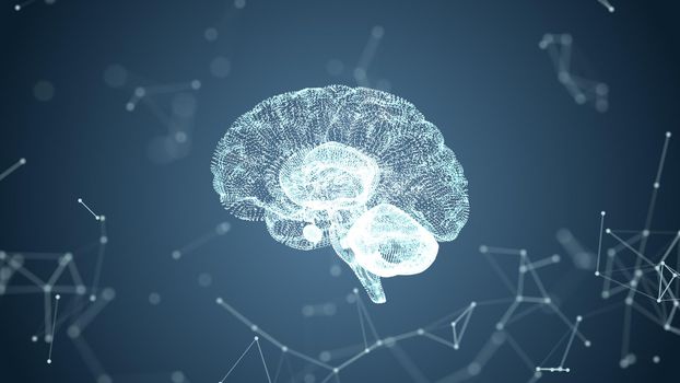 Abstract medical blue glow brain wireframe network and connecting dot in space background. Futuristics science and medical technology concept. Abstract human body part system concept. 3D illustration