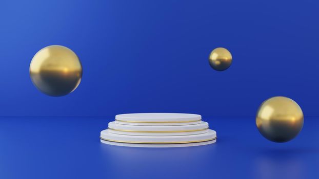White product stand on blue background. Abstract minimal geometry concept. Studio podium platform theme. Exhibition and business marketing presentation stage. 3D illustration rendering graphic design