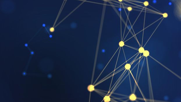 3D rendering abstract yellow geometry flying wireframe network and connecting dot space on blue background. Security futuristic computer and science concept. Abstract technology illustration graphic