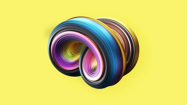 Abstract 3D spiral object on yellow background. Realistics rendering spiral shell
