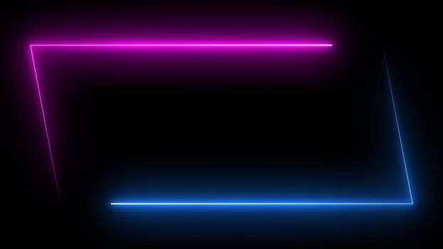 Parallelogram rectangle picture frame with two tone neon color shade motion graphic on isolated black background. Blue and pink light for overlay element. 3D illustration rendering wallpaper backdrop