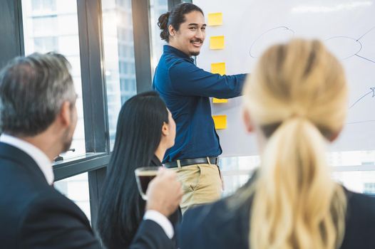 Business people group listened to the instructors explaining about the marketing strategy according to the budget plan in office. Business team meeting together and discussing for startup new project.