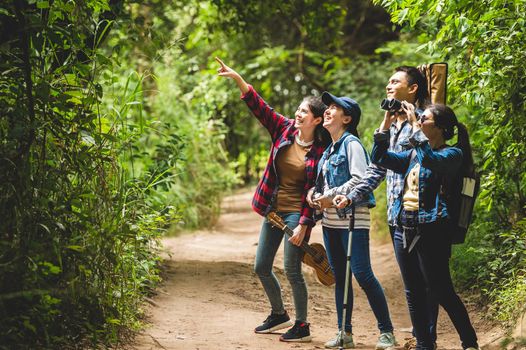 Group of Asian friends team adventure for hiking and camping in forest together. Family travel relaxation. Trekking and trail activity in wild life concept. Woman pointing at tree or sky. Copy space