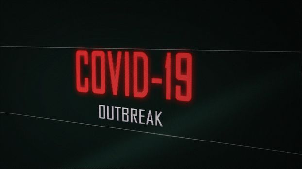 Closeup red Coronavirus Covid-19 outbreak warning flicker text on computer pixelated green screen display background. Healthcare and medical concept. Health influenza. 3D illustration rendering
