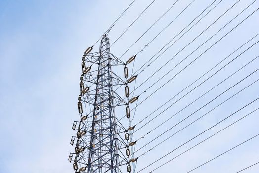 Wire Electric Telecom post and cable wth blue sky background