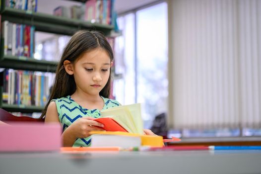 Cute little girl reading books in library attentively at school. Girl concentrating to learning by herself outside classroom. Education and People lifestyles. Academic and Kids duty concept.