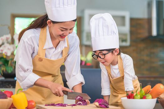 Happy beautiful Asian woman and cute little boy with eyeglasses prepare to cooking in home kitchen. People lifestyles and Family. Homemade food and ingredients concept. Two Thai people life