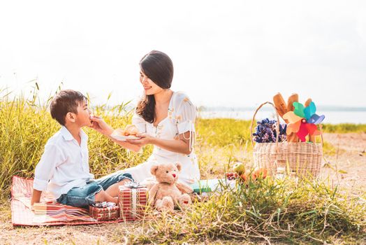 Beautiful Asian mom feeding snack to her son in meadow when doing picnic. Mother and son playing together. Celebrating in Mother day and appreciating concept. Summer people and lifestyle theme.
