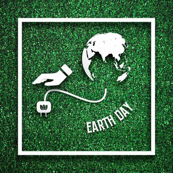White frame with had unplugging from the earth as energy saving concept on green grass for decoration template. Eco and environment theme. Illustration graphic design element. Earth day theme.