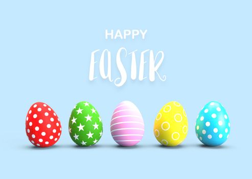 Colorful painted Easter eggs with calligraphy text on blue floor background. Holiday and Festival concept. Dot star and line fantasy pattern art. 3D illustration with copy space
