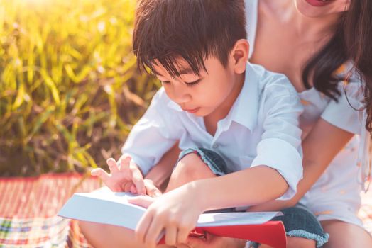 Little Asian boy and his mother reading tale story books at meadow field. Mother and son learning together. Celebrating in Mother day and appreciating concept. Summer people and lifestyle education