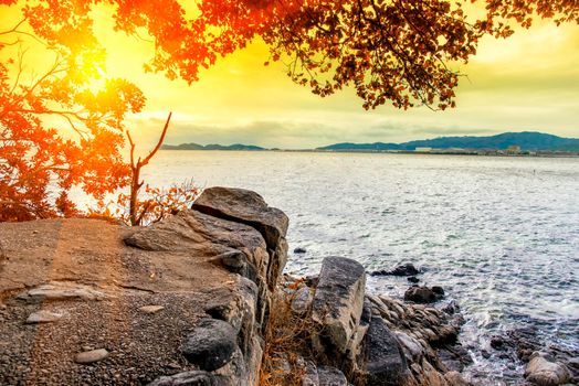 Cliff mountain beside the sea with sun light, Nature concept, Sea concept, Seascape and landscape