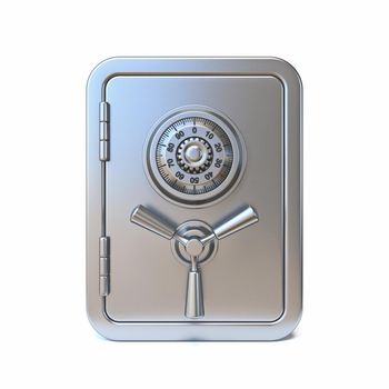 Locked steel safe Front view 3D rendering illustration isolated on white background