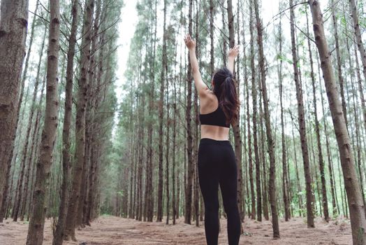 Women stretching arms and breathing fresh air in middle of pinewood forest while exercising. Workouts and Lifestyles concept. Happy life and Healthcare theme. Nature and Outdoors theme. Back view