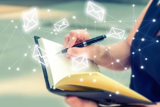 Woman write down letters in notebook for send message without computer. Business technology and Environment concept. Paper and Notebook theme. Envelope email icon with line dot abstract illustration