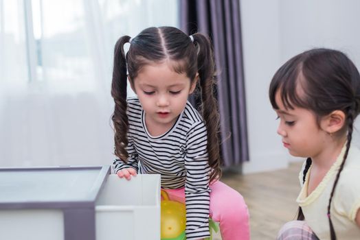 Two little girls playing small toy balls in home together. Education and Happiness lifestyle concept. Funny learning and Children development theme. Smile faces