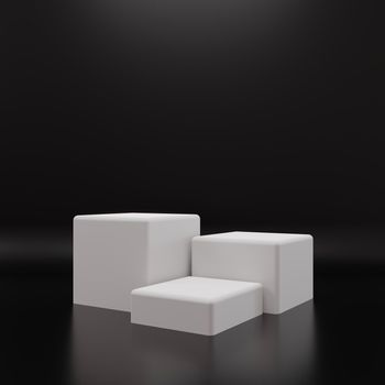 White rectangle cube product showcase table on black background. Abstract minimal geometry concept. Studio podium platform. Exhibition and business presentation stage. 3D illustration render graphic