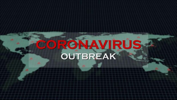 Coronavirus outbreak warning text message on global world map background on digital grid screen computer display. Medical technology Health information communicate concept. 3D illustration rendering