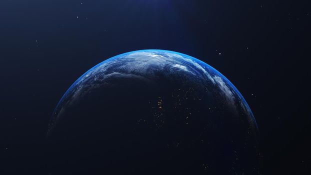 Earth in space view with shining sunrise in universe and galaxy background. Nature  and World environment concept. Science and globe. Fantasy sky atmosphere. 3D illustration render