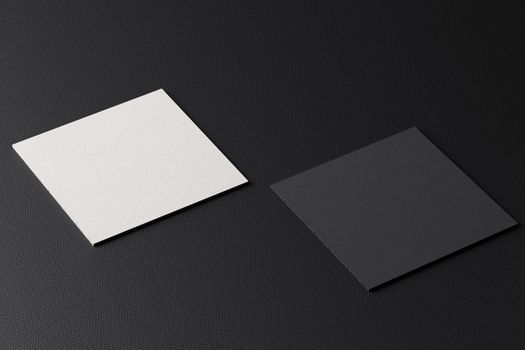 White square shape paper business card mockup on black modern fabric table background. Branding presentation template print graphic design. Two cards mock up. 3D illustration rendering