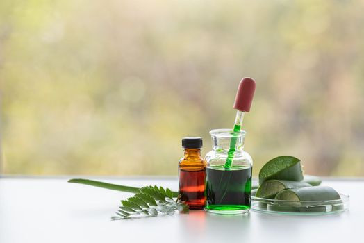 Aloe vera spa treatments on white wooden table. Healthcare and body therapy massage relaxation concept. Beauty and Healthy theme. Pure natural extract and Medical theme.
