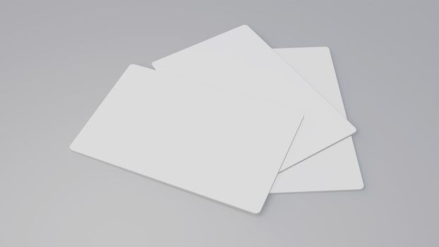 White gift card credit card mockup stacking on grey table background. Object background for business branding presentation template print 3.370 x 2.125 inch paper size cover. 3D illustration rendering