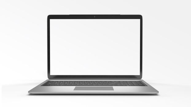 Laptop mockup on white background. Business and online technology object concept. Empty screen for insert your advertisement. 3D illustration rendering