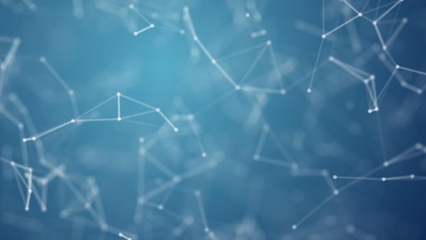 Abstract blue blurred geometry wireframe network and connecting dot in space on blue background. Security of futuristics computer and science concept. Abstract technology concept. 4K graphic design