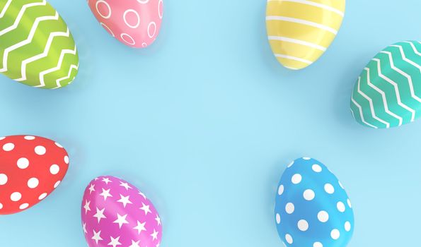 Top view of Colorful painted Easter eggs on blue floor background. Holiday and Festival concept. Dot star and line fantasy pattern art. 3D illustration with copy space