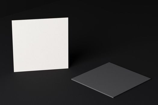 White square shape paper business card mockup on black modern fabric table background. Branding presentation template print graphic design. Two cards mock up. 3D illustration rendering