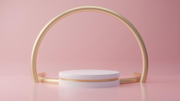 Pink pastel product stand with gold ring on background. Abstract minimal geometry concept. Studio podium platform theme. Exhibition and business marketing presentation stage. 3D illustration rendering