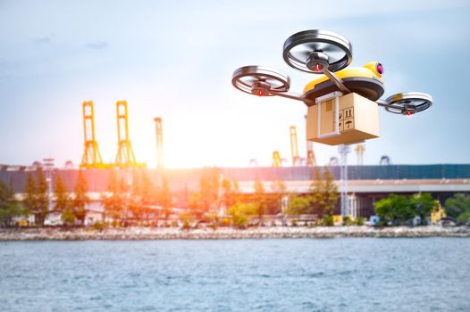 Delivery drone delivering petrochemical product from oil refinery for shipping fine and crude oil to drilling platforms or customer. Modern innovative technology and security gadget. Unmanned drone