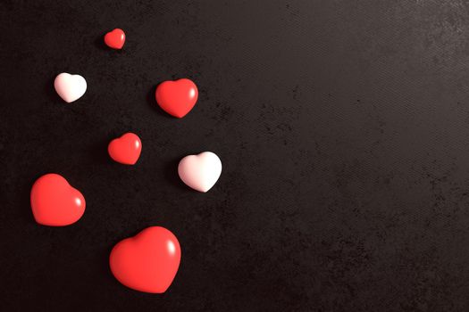 Red and white sweet chocolate candy on black leather background. Valentines day and love romance concept.  Medical and health theme. Top view. 3D illustration rendering