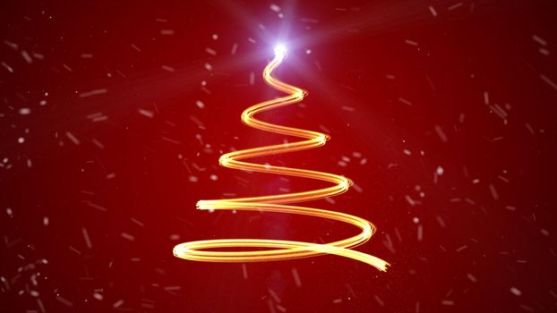 Golden particle glitter on christmas tree path shape on red background. Celebrate abstract background concept. Shiny and bright style for party backdrop with merry chistmas message text graphic design