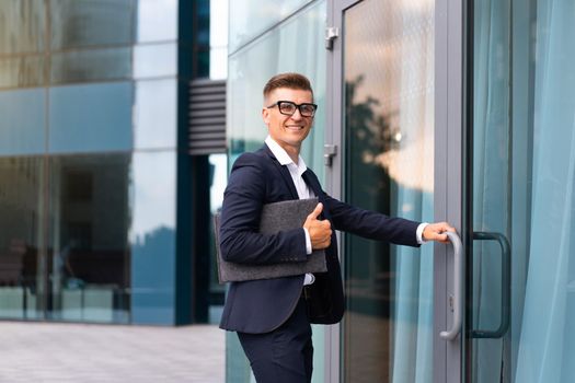 Business. Businessman Successful Man Business Person Open Door Small Business New Opportunities Caucasian Professional Business Man Documents Folder Bank Worker Open Door Startup Concept Interview