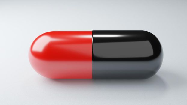 Closeup antiretroviral drugs capsule on white background. Medicine and Vaccine concept. Medical science healthcare. Antibiotic immunity researching. Red Black color. 3D illustration render