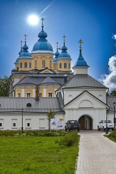 View of a modern Christian church with a blue roof. Church against the sky