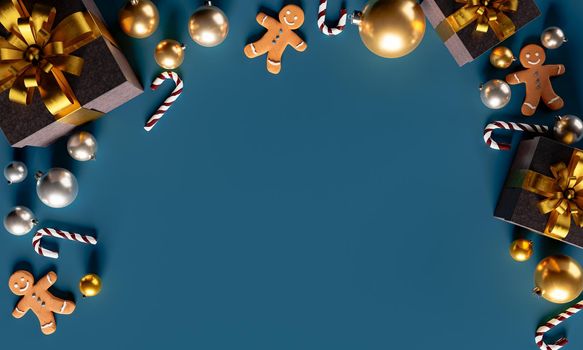 christmas background with gingerbread men, gifts, candies and golden balls. space for text. 3d rendering