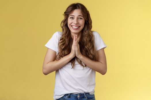 Girl grateful effort thanking dearly bottom heart appreciate help smiling delighted cheerfully make namaste gesture hold palms together pray supplication grinning hopefully asking favor.