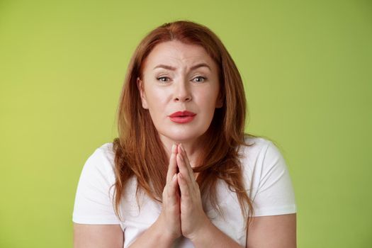 Please need help asap. Tender timid redhead middle-aged woman plead press palms together pray begging hopeful sincere look camera, implore friend favour stand green background silly.