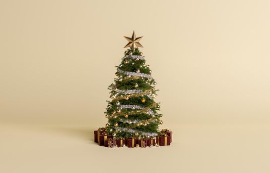 decorated christmas tree and gifts under it on minimalist background. 3d rendering
