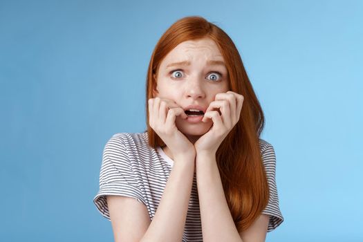 Scared speechless stunned frightened redhead girl trembling fear wide eyes terrified biting fingernails frowning shaking anxiously standing blue background gasping shocked. Emotions concept