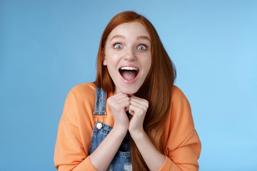 Lifestyle. Cute redhead european girl blue eyes freckles reacting amused shocking rumor lift eyebrows drop jaw surprised smiling excited picked get role theatre play rejoicing astonished blue background.