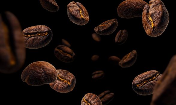 Coffee beans levitate on a black background.