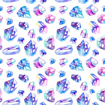 Hand drawn diamond crystals - seamless pattern design with decorative watercolor drawings on white background